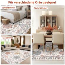Tapis de salon, lavable en machine, style vintage, antidérapant, doux et fleuri, pour chambre, cuisine, couloir, bureau - Beige - Voir 4