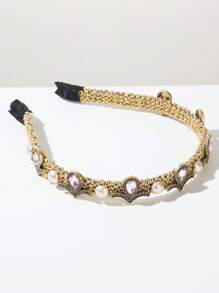 1pc Women's Summer Headband With Gold Wire Wrapped Vintage Elegant Rhinestone & Pearl Decor, Baroque Style Fashion Accessory, Hairband Headband For Women ,Hair Accessories, Diadema, Hair Hoop