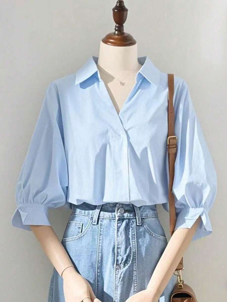 Camisa de lazer de alta qualidade, estilo elegante e casual, com decote em V e design simples de botões nas costas, adequada para primavera e verão. - Azul - Ver 1