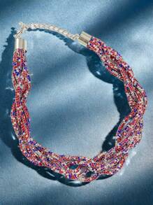1 Collar trenzado en rojo, azul y blanco, un accesorio elegante y versátil adecuado para playas, vacaciones y fiestas durante todo el año, con patrones exquisitos y complejos