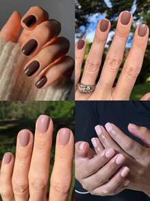 96pcs Solid 4Different Nude Colors Glossy Wearable Nail Art Lovely Short Square Fake Nails Detachable Finished False Nails Press On Nails With Storage Box As New Year Gift For Women And Girls