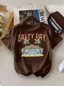 Tween Boy Casual Simple Boys T-Shirt Summer Holiday Seaside Pattern Beach Style Mountain And Sea Tree Pullover Round Neck Short Sleeve T-Sleeve Kids Clothes Boys Summer New Short Sleeve Top