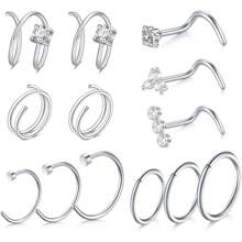 AVYRING Juego de 13 piezas de aretes y pendientes para la nariz - Joyas para perforación nasal de 20G (plata/negro/oro) - Acero inoxidable hipoalergénico, pendientes con CZ, aros dobles, anillos en C