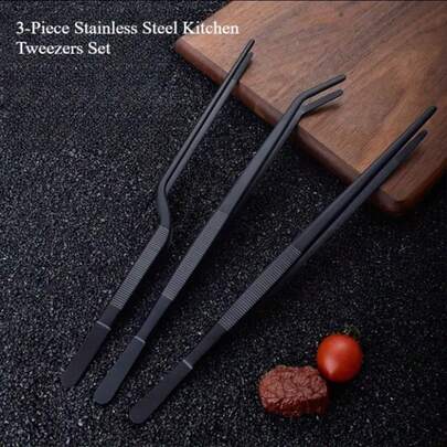3 件套不锈钢厨房钳套装 - 韩式烧烤钳、烧烤夹和食品服务钳 - 非常适合牛排自助餐、寿司和餐具装饰