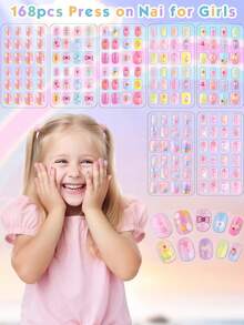 Naio Kids Press-On Nails, (168pcs And 24pcs) Kids False Nails Pre-Glued Nail Stickers Full Cover Short False Nails Set For Girls Gift Nail Art Decoration - Multicolor - View 2