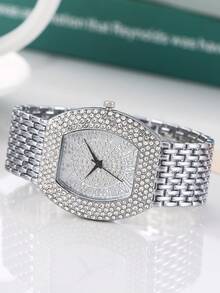 1 chiếc đồng hồ nữ kiểu dáng xô họa tiết bầu trời sao, dây đeo thép thời trang, mặt số La Mã đính kim cương, đồng hồ đeo tay thạch anh trang trọng, quà tặng ngày lễ. - Bạc - Xem 3