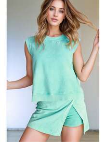 Mineral Wash Round Neck Tank Top Lined High Waist Split Skirt Set - 薄荷綠 - 查看 2