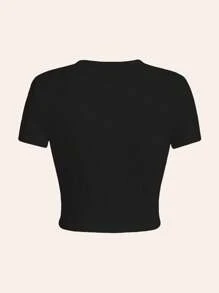 Camiseta corta de manga corta con cuello redondo y ajuste ceñido para mujer, para primavera y verano, estilo casual, camiseta de mujer, top básico de mujer, top corto, tops para salir, mujer de primavera y verano, top de manga corta, primavera, tops, tops de verano, mujer de verano, top, tops para mujer, verano, top corto, camiseta, top negro
