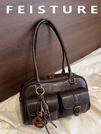Women's Retro Solid Color Pu Leather Shoulder Bag With Multiple Pockets Large Capacity Comes With A Detachable Accessory Charm, Street & Japanese Bag For Women