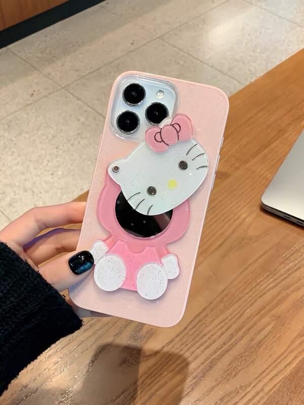Sanrio Glitter 3D KT kattenontwerp met make-upspiegel, draagbaar en schokbestendig telefoonhoesje, prachtig patroon, hoogwaardig materiaal, compatibel met iPhone 11, 12, 13, 14, 15, 16, Pro, Pro Max, Plus, XR, XS Max