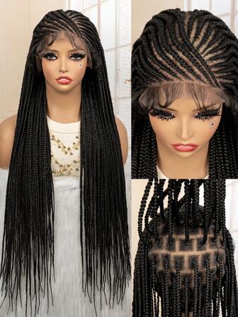 Peluca trenzada larga de 86 cm (34 pulgadas) 100% sintética con encaje frontal, color negro
