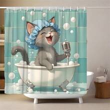 1 件卡通猫浴帘，耐用涤纶面料，防水，免打孔，易于安装，适合家庭、酒店、度假、猫爱好者礼物、浴室窗帘淋浴套装，带 12 个挂钩，McBa 猫唱歌