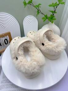 Solid Color Warm Home Slippers, Wool Warm Lining Thick Sole Anti-Slip Shoes, Winter Plush Comfortable Shoes, High Heel Sandals