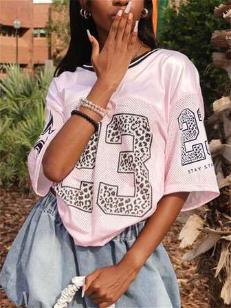 FQLWL Summer Street-Style Loose T-Shirt V-Neck Number Leopard Print Short Sleeve Tess Spliced Baseball Jersey Y2k Tops For Women