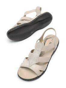 Sandalias planas para mujer, cómodas, con tira elástica, sandalias casuales de dedo abierto con rhinestone - Albaricoque - Ver 1