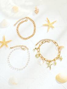 3pcs/5pcs Multi-Color Fashion Bohemian Faux Pearl, Natural Shell, Starfish, Seashell, Butterfly Pendant Beaded Necklace & Bracelet Set, Suitable For Valentine's Day, Best Friends, Family, Beach, Party, Gift, Daily Wear For Women