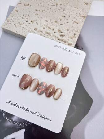 10 st. korta ovala kattögon i fransk stil och elegant gyllene - linjer och glittrande elementdesign, glänsande 100 % handgjorda press-on akryl lösnaglar, återanvändbara nageltillbehör inklusive 1 st gelélim, 1 st stift och 1 st nagelfil för kvinnors vardags- eller festkläder