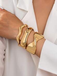 3 件/1 套简约几何波浪竹节形不对称金属手镯套装，适合女性，厚哑光金属和锌合金材质 - 明亮 - 查看 18