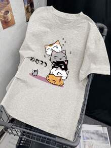 日式风格女士休闲圆领宽松卡通印花短袖T恤春夏季