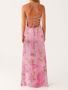 Women's Y2K Summer Maxi Dress Floral Print Sleeveless Cami Long Dress Cross Tie-Up Backless Fashion Spaghetti Strap Dress Beach Vacation Streetwear - 粉色 - 查看 4