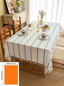 1pc Japanese Minimalist Ins-Style Green Geometric Stripe Embroidery Rectangular Tablecloth With Tassels, Washable, Suitable For Family Gatherings, Birthday Parties, Weddings, Dinners, Home Decor, All Seasons - Multicolor - View 15