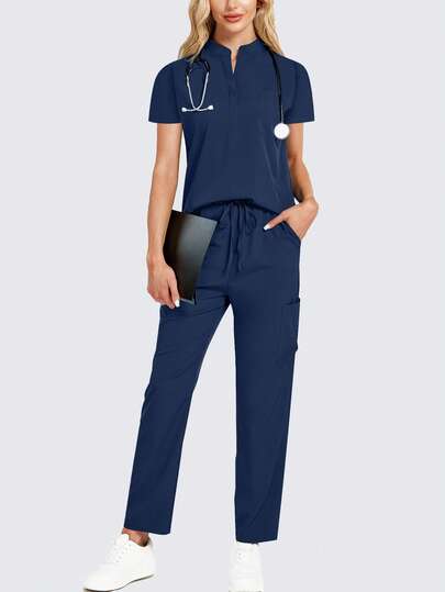 Women's Surgical Gown Navy Blue Suit, Breathable High Quality Fabric, Sports Nursing Work Clothes, With Pockets, Multi-Pocket Design, Trouser Hem Slits, Wholesale Fashion Surgical Gown Suit Dental Hospital Uniform Suit Solid Color Surgical Gown Suit Women's Jogging Pants Suit Laboratory Hospital Pet Care Scrub Set