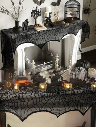 1pc Halloween Black Lace Spider Web Fireplace Cloak Scarf Set, Holiday Party Decorations, Prop For Halloween Party Atmosphere