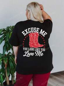 Women's Plus Size Summer Casual Resort Colorful Lettering Simple Boots Alphabet Print Pattern Crew Neck T-Shirt Fashionable Versatile Girl. Graphic T-Shirt Women's White Plus Size Top