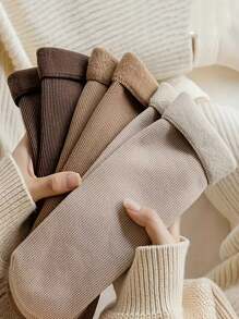 5 Pares de Meias de Inverno Confortáveis de Fleece - Grossas, Quentes, Macias, na Cor da Terra, Fibra de Poliéster e Fibra Elástica, Tricotadas, Cor Sólida, Adequadas para Clima Frio/Yoga/Sono, Moda Feminina