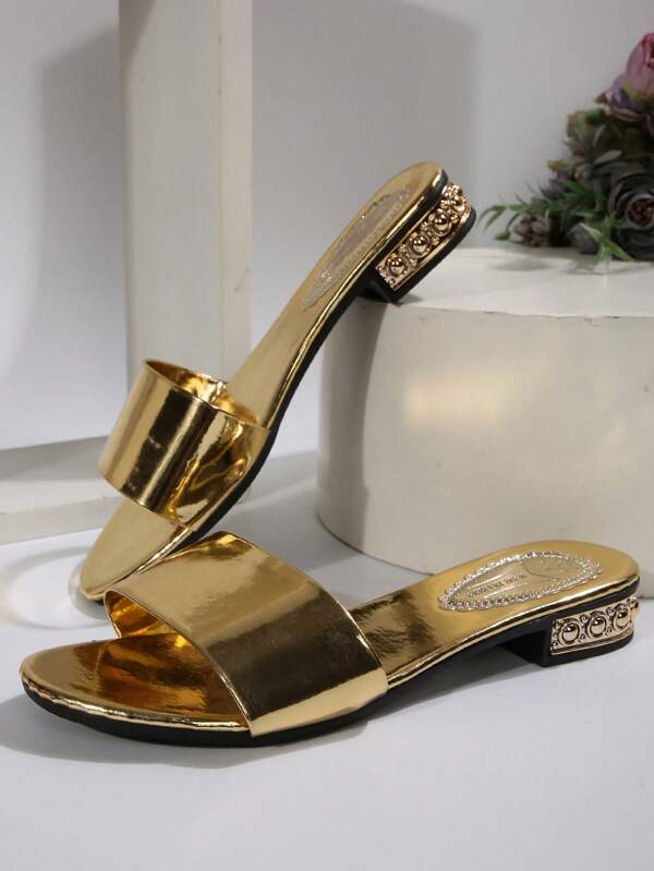 Round Toe 1-Strap Thick Heel Slide Sandals For Women, Black Low Heel Sandals & Slip-On Slippers, Fashionable For US & Europe, Plus Size