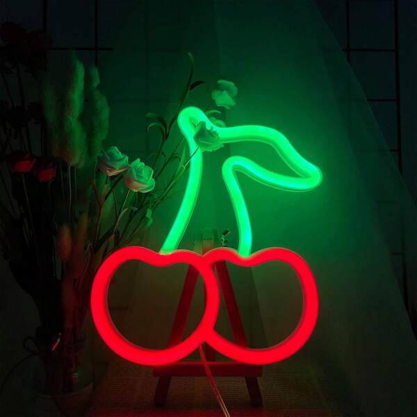 1 Pc Cherry Neon Light Fruit Logo LED Light USB/Battery Dual Power Supply Bedroom Bar Atmosphere Light Valentine's Day Birthday Party Decoration Christmas Gift Creative Art Light 30cm (Wall Mounted)