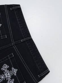 男士复古高街十字绣宽松直筒牛仔裤，Emo 风格，垃圾摇滚风