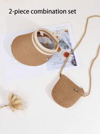 2件组合空顶鸭舌草帽搭配蝴蝶结包包｜透气设计・蝴蝶结装饰｜时尚女士夏季防晒沙滩旅行适合日常穿搭