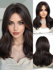 20英寸女士优雅直发假发，深棕色带刘海 - 100% Tanglong合成纤维假发，玫瑰网帽，逼真层次效果，耐热，适合所有用户，哑光棕色高温丝玫瑰网假发帽 - 深棕色 - 查看 6