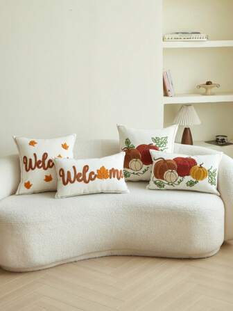 1pc Pumpkin & Leaf Embroidery Pillow Cover, Home Decor Suitable For Living Room, Sofa, Party, Thanksgiving Season