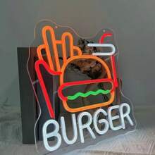 1 pezzo Insegna al neon di hamburger e patatine per decorazione da parete, luce al neon di hamburger e patatine francesi di 32,0 cm x 30,0 cm , segni di fast food per casa, ristorante, bar, caverna dell uomo, decorazione, Eid Al-Adha Mubarak
