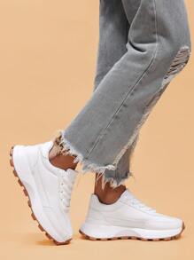 1 Pair Women's Fashionable Versatile Casual Thick Sole White Low-Top Leather Sneakers, Non-Slip , Suitable For Outdoor Activities And Daily Wear, All Seasons