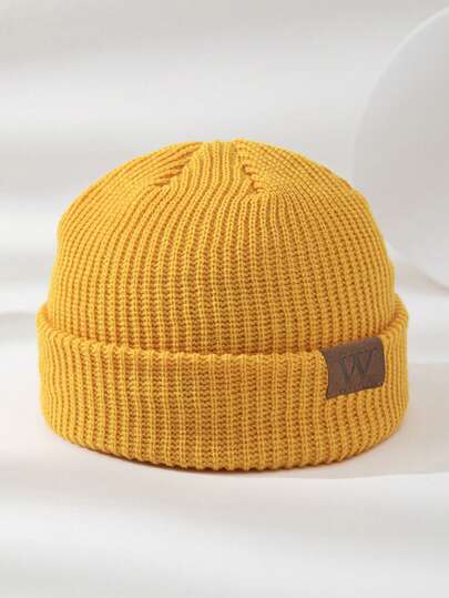 1pc Men's Leather Patch W Pumpkin Shape Knitted Beanie Hat, Soft, Warm, Fashionable, Suitable For Casual Daily Wear In Autumn/Winter Fall Outfit