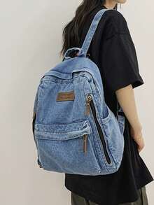 1. 女士字母贴花细节拉链双肩包，水洗轻便牛仔蓝双肩包，时尚纯色户外旅行通勤日常双肩包，大容量笔记本电脑包，学院风多功能书包 - 淺藍色 - 查看 6