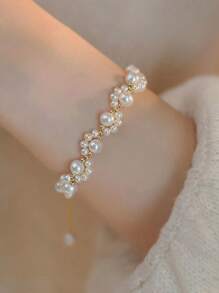 1pc Elegant Faux Pearl Braided Cat Scratch Bracelet, Fashionable Cute Bridal Accessory Gift For Friends, Mother