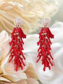 1 Pair Fashionable Red Coral Tassel Resin Earrings, Suitable For Women To Wear To Festivals, Parties, And Dates