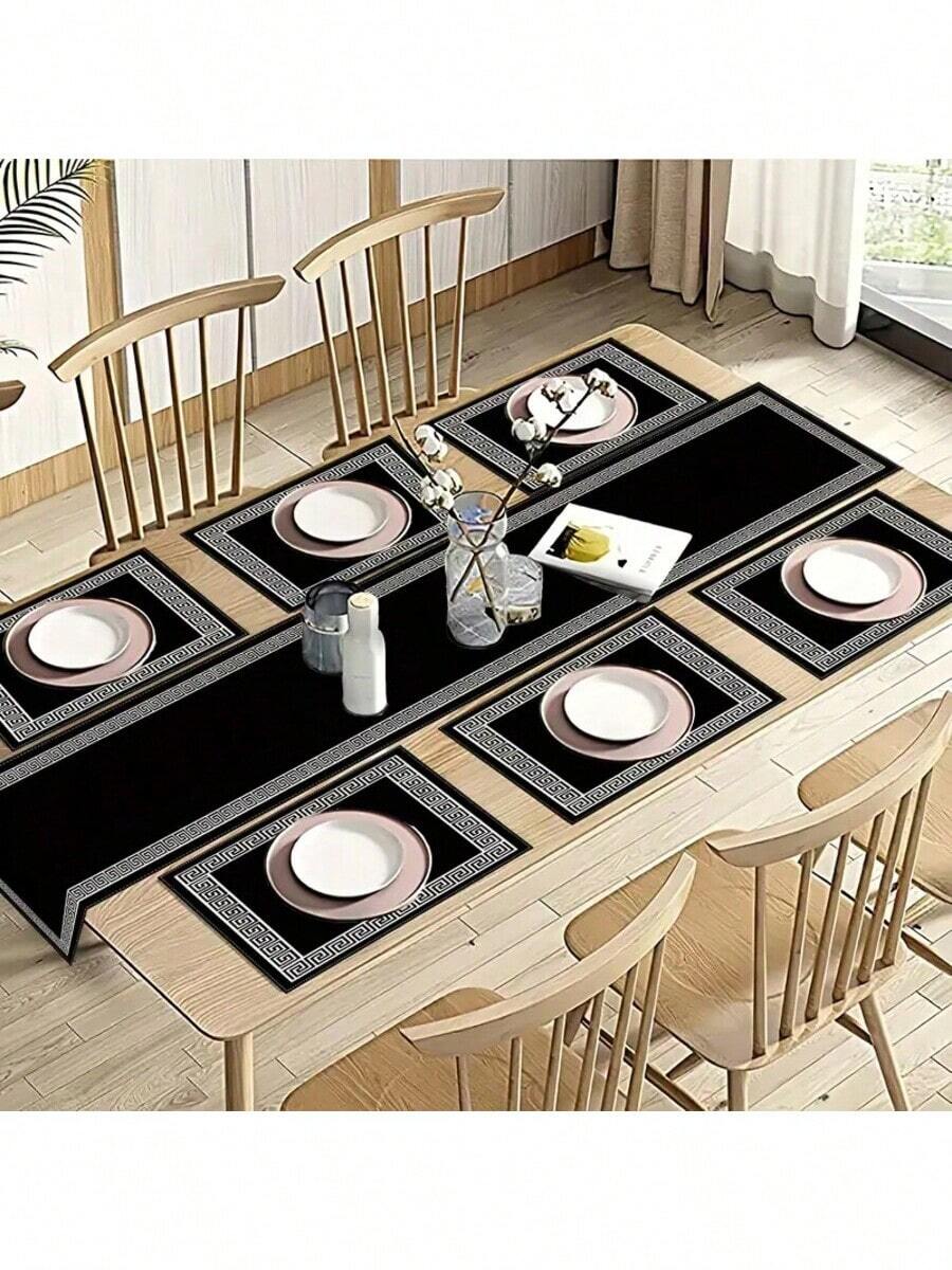 7pcs/Set Geometric Greek Key Design Placemats & Table Runners, Washable Navy Blue Dining Table Mat For Restaurant, Kitchen, Outdoor Party Decoration - Black - View 1
