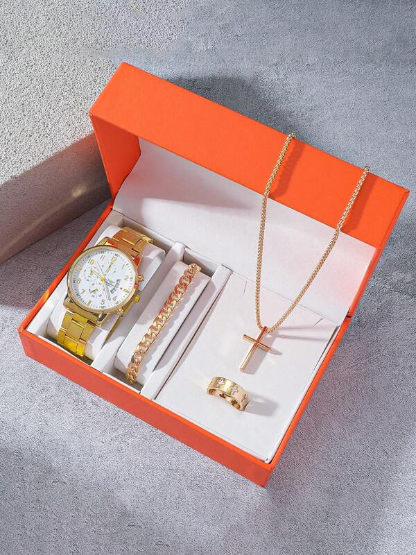 Set de 4 piezas Reloj de cuarzo con correa de acero y números árabes elegantes + Collar Joyería Combo, Adecuado para regalo de cumpleaños, atuendo diario, sin caja