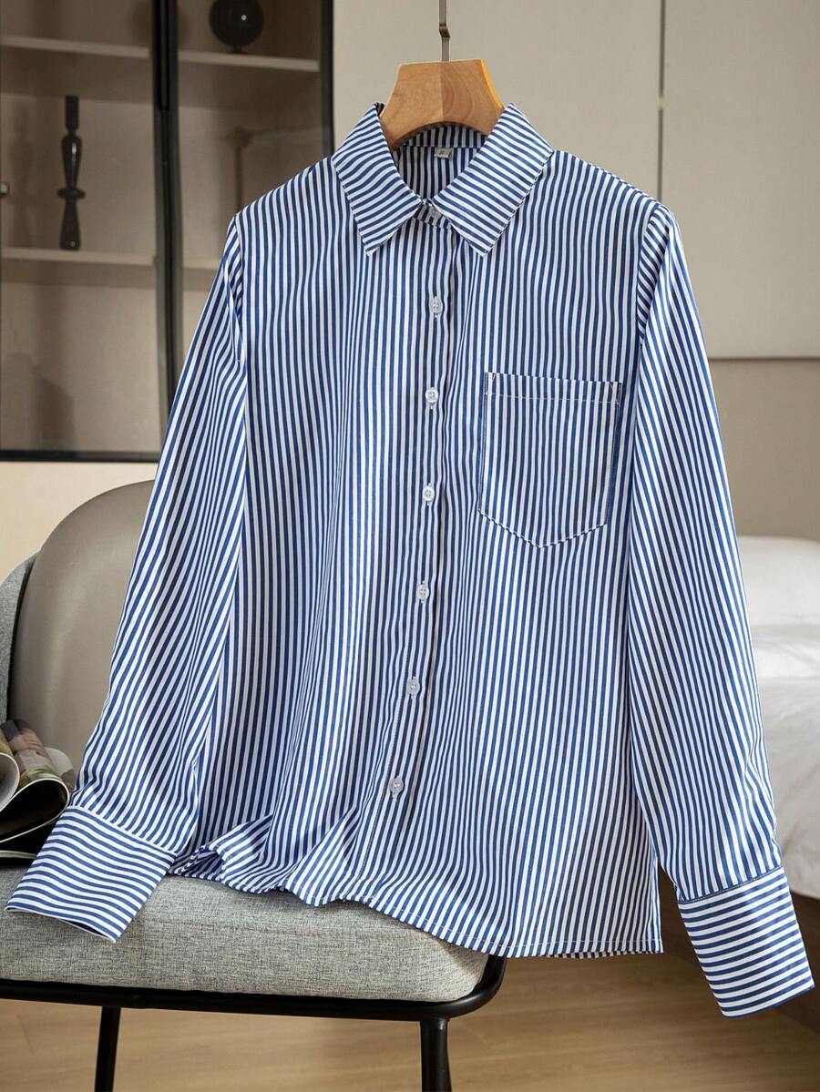 Women's Blue Striped Long Sleeve Shirt, Casual And Versatile Office Wear Blouse, Spring/Summer 2025 New Arrival