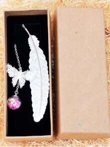 1 pieza Marcapáginas de metal con pluma, flor seca y hoja de mariposa creativa, artículos de papelería para estudiantes, regalo del Día del Maestro, elegantes suministros de oficina