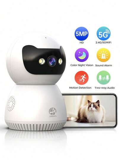 Câmera de interna com panorâmica/inclinação de 5 MP, câmera de Wi-Fi 5G/2.4G para bebês/animais de estimação/babás, armazenamento em nuvem e cartão SD, modo de fornecimento de energia tipo C, visão noturna colorida, holofote, áudio bidirecional, alarme de sirene, detecção de movimento por IA