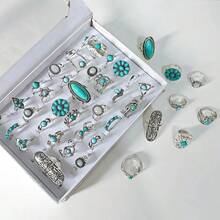 28 件/包复古绿松石镶嵌合金戒指套装，优雅波西米亚风格混合情侣指环，适合派对、婚礼、日常佩戴、时尚珠宝礼品，随机搭配
