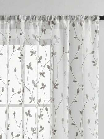 1pc Embroidered Sheer Curtains, Floral Leaf Pattern, Rod Pocket, UV Protection, Breathable, Transparent, Polyester, Rod Pocket, No Lining, For Living Room, Bedroom, Dining Room