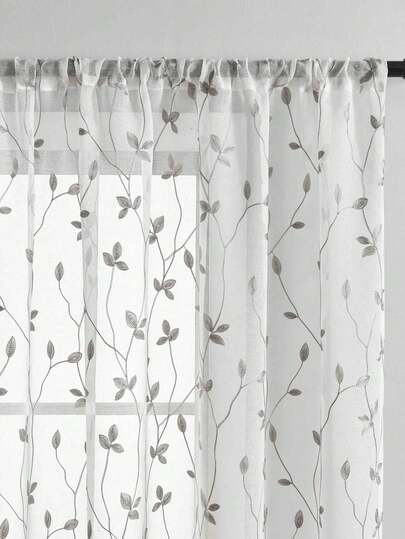1pc Embroidered Sheer Curtains, Floral Leaf Pattern, Rod Pocket, UV Protection, Breathable, Transparent, Polyester, Rod Pocket, No Lining, For Living Room, Bedroom, Dining Room