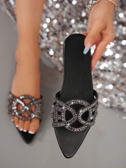 Casual Fashionable Minimalist Open Toe Pointed Toe Strap Glass Rhinestone Embellished Comfortable Women Slide Sandals,Spring Summer Outfits